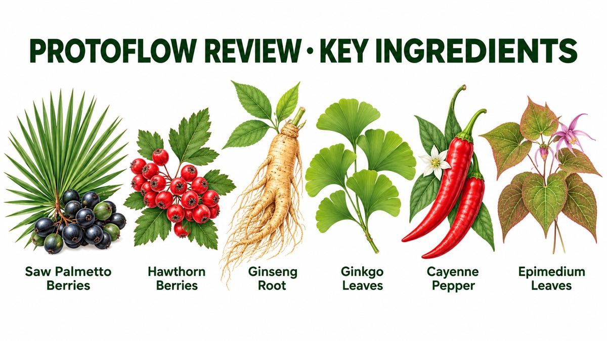 Protoflow review – key ingredients: saw palmetto berries, hawthorn berries, ginseng root, ginkgo leaves, cayenne pepper and epimedium leaves